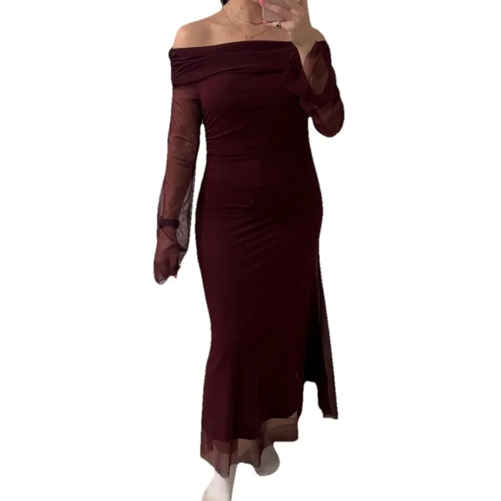 Women’s Wedding Formal Brunch Burgundy Long Dress Size Medium M Ruched Unbranded